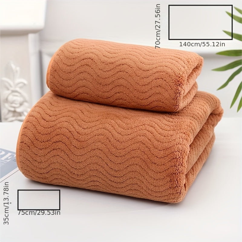 2pcs Wavy Pattern Towel Set Coral Velvet Hand Bath Soft Absorbent Towels