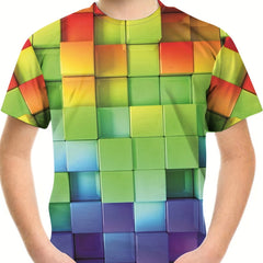 Boy's 3D Cube Graphic T-shirt Casual Breathable Tee for Summer