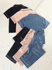 Solid Satin Pajamas Set Short Sleeve Buttons Top & Bow Pants