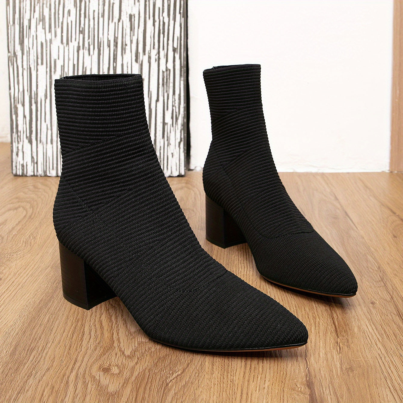 Women's Chunky Heeled Knit Short Boots Casual Ankle Boots Comfortable Solid