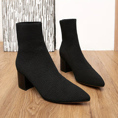 Women's Chunky Heeled Knit Short Boots Casual Ankle Boots Comfortable Solid