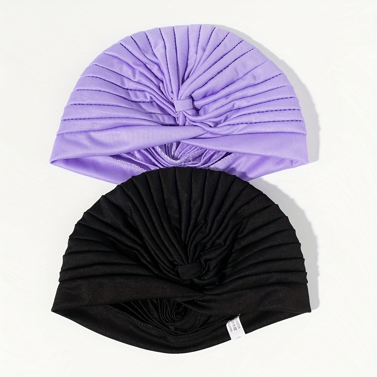 2pcs Purple & Turban Cap BowKnot Pleated Head Wraps Elastic Ramadan Head Scarf