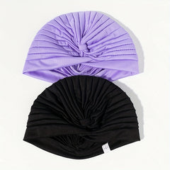 2pcs Purple & Turban Cap BowKnot Pleated Head Wraps Elastic Ramadan Head Scarf
