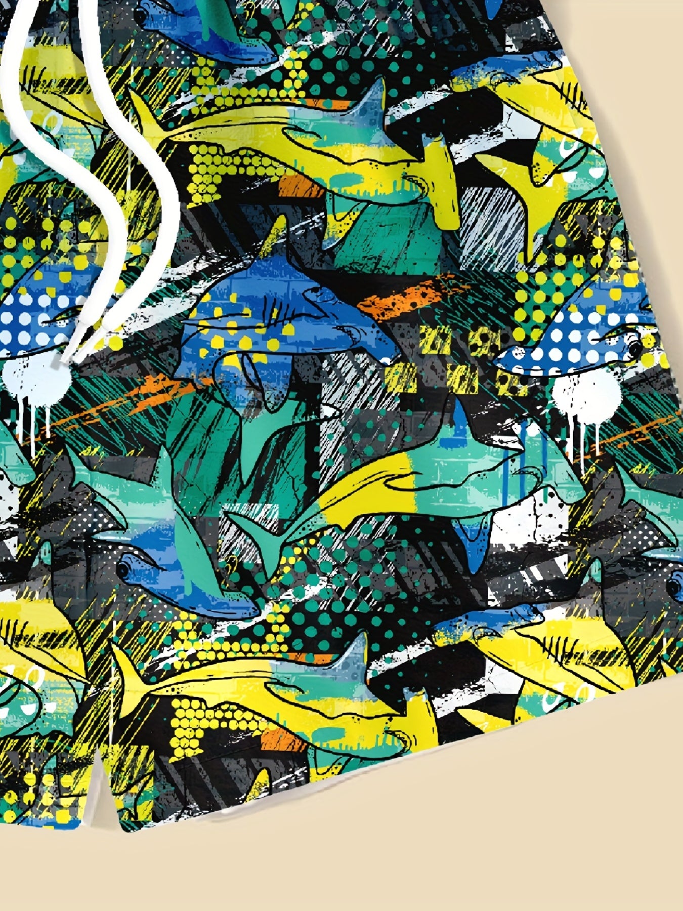 Shark Print Swim Trunks Elastic Waist Beach Shorts for Boys