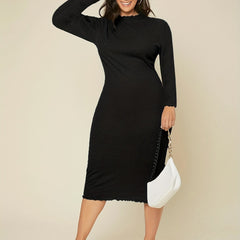 Solid Ribbed Long Sleeve Round Neck Midi Dress