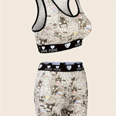 Cartoon Print Bra & Panties Set Full Coverage Sports Bra & Elastic Panties