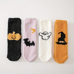 4 Pairs Pumpkin & Bat Print Socks & Funny Halloween Fuzzy Socks