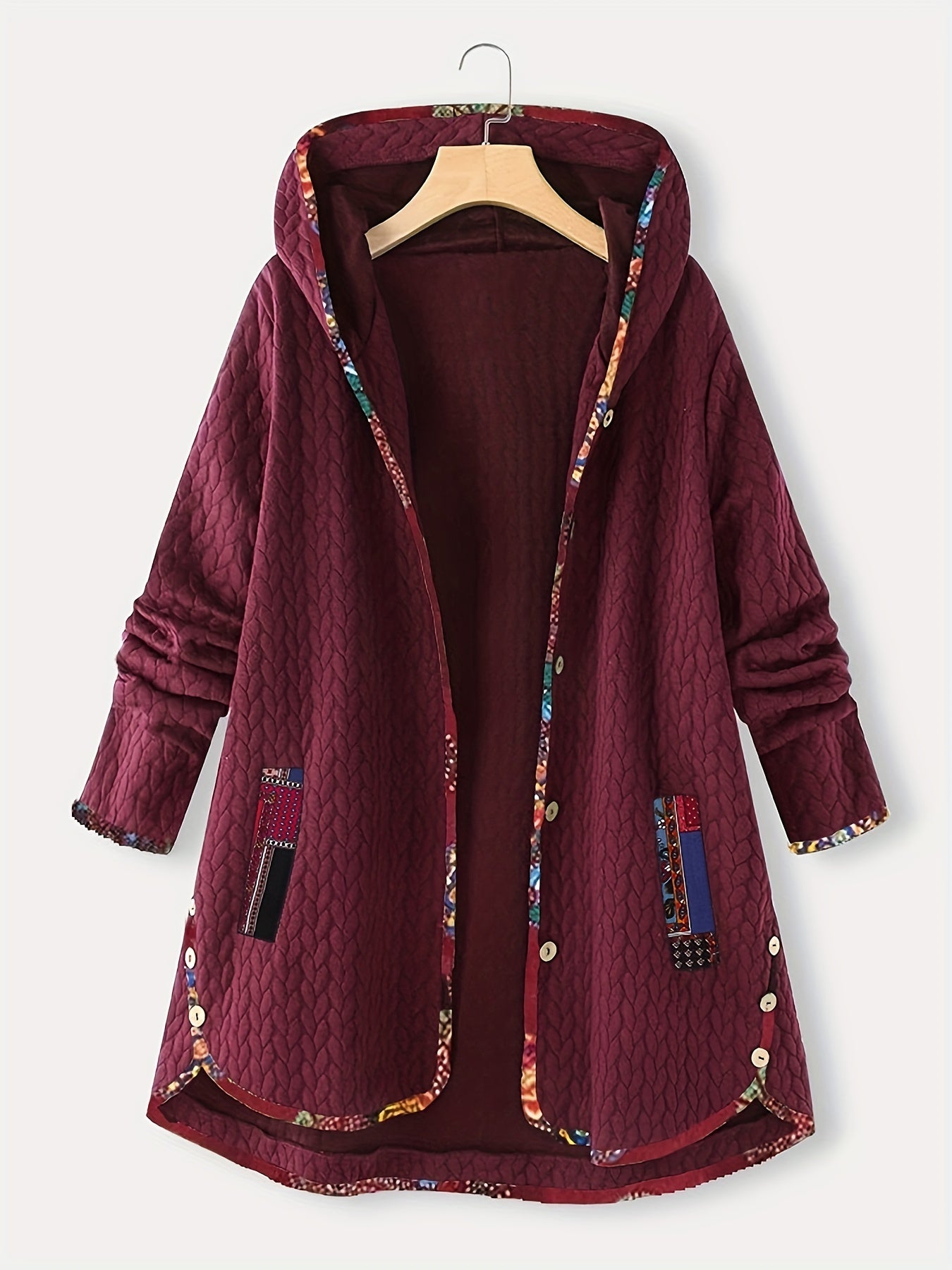 Striped Hooded Long Sleeve Mid Length Jacket Casual Button Front