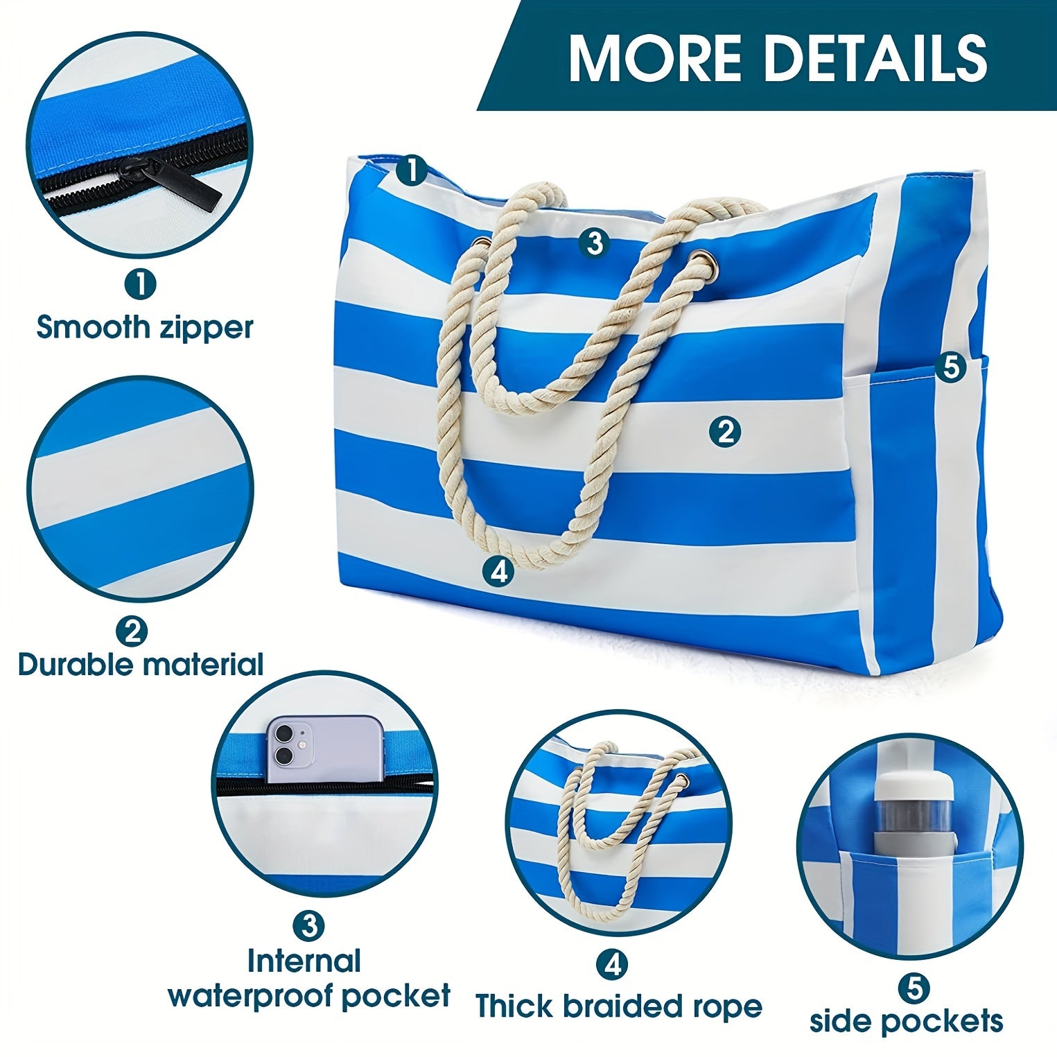 Striped Canvas Beach Bag Large Capacity Travel Tote