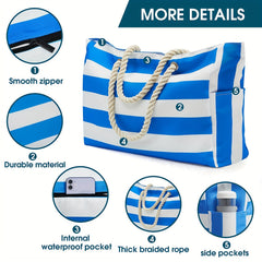 Striped Canvas Beach Bag Large Capacity Travel Tote