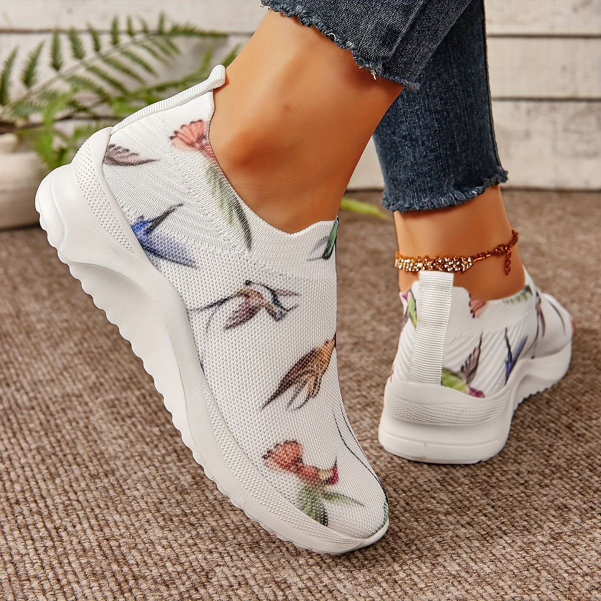 Women's Bird Pattern Slip on Sneakers Mesh Knit Walking Shoes