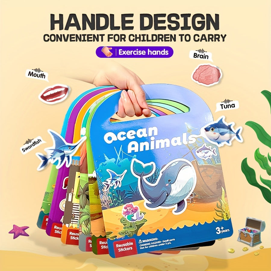 Reusable Sticker Book for Kids - 6 Themes, Animals, Fruits, Easy Peel & Stick