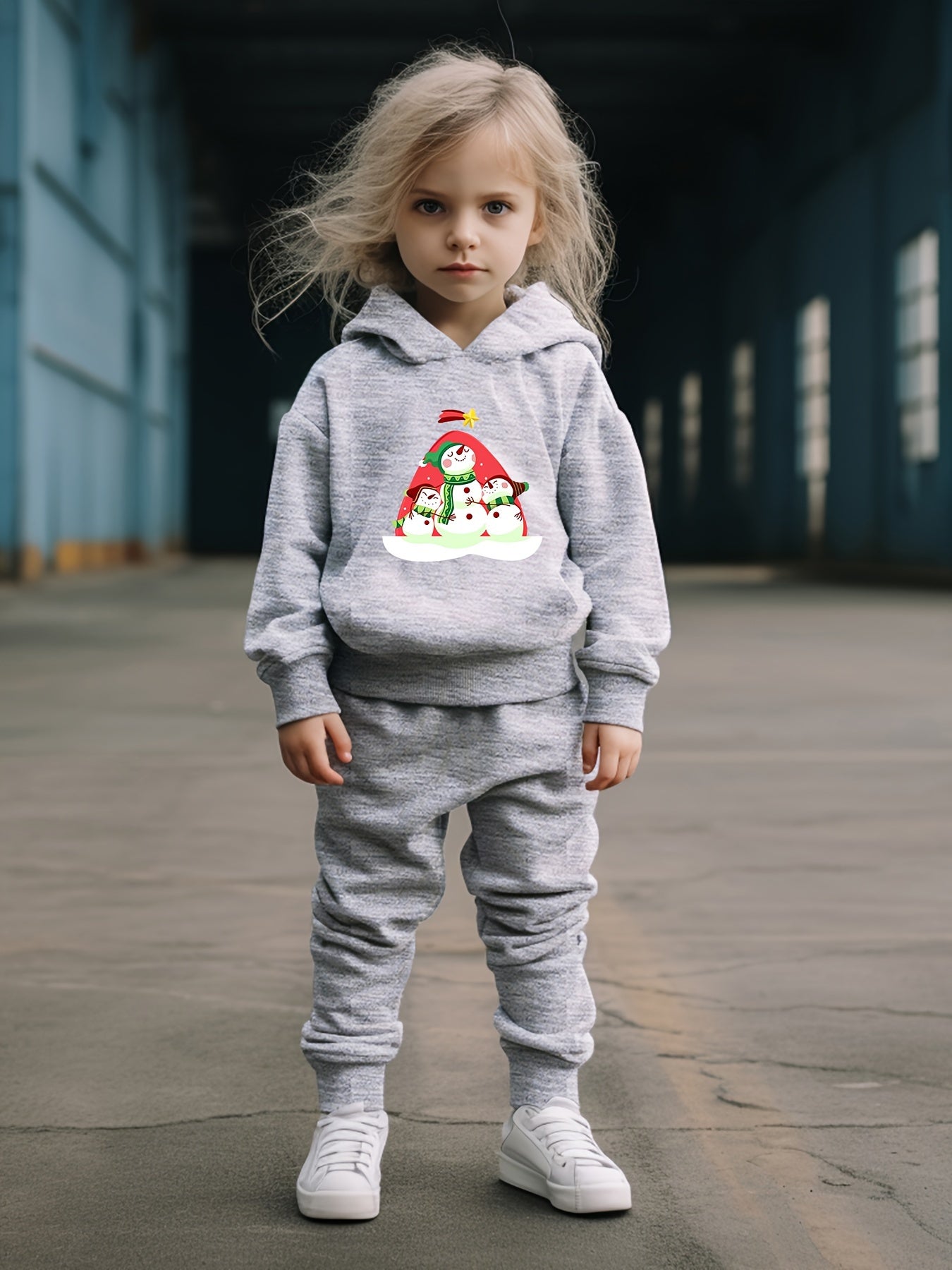 2pcs Snowman Print Hoodies Pants Set Fall Sports Gift
