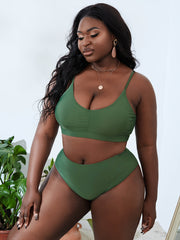 Solid Ruched Bikini Set High Rise Swimsuit 2 Piece Set