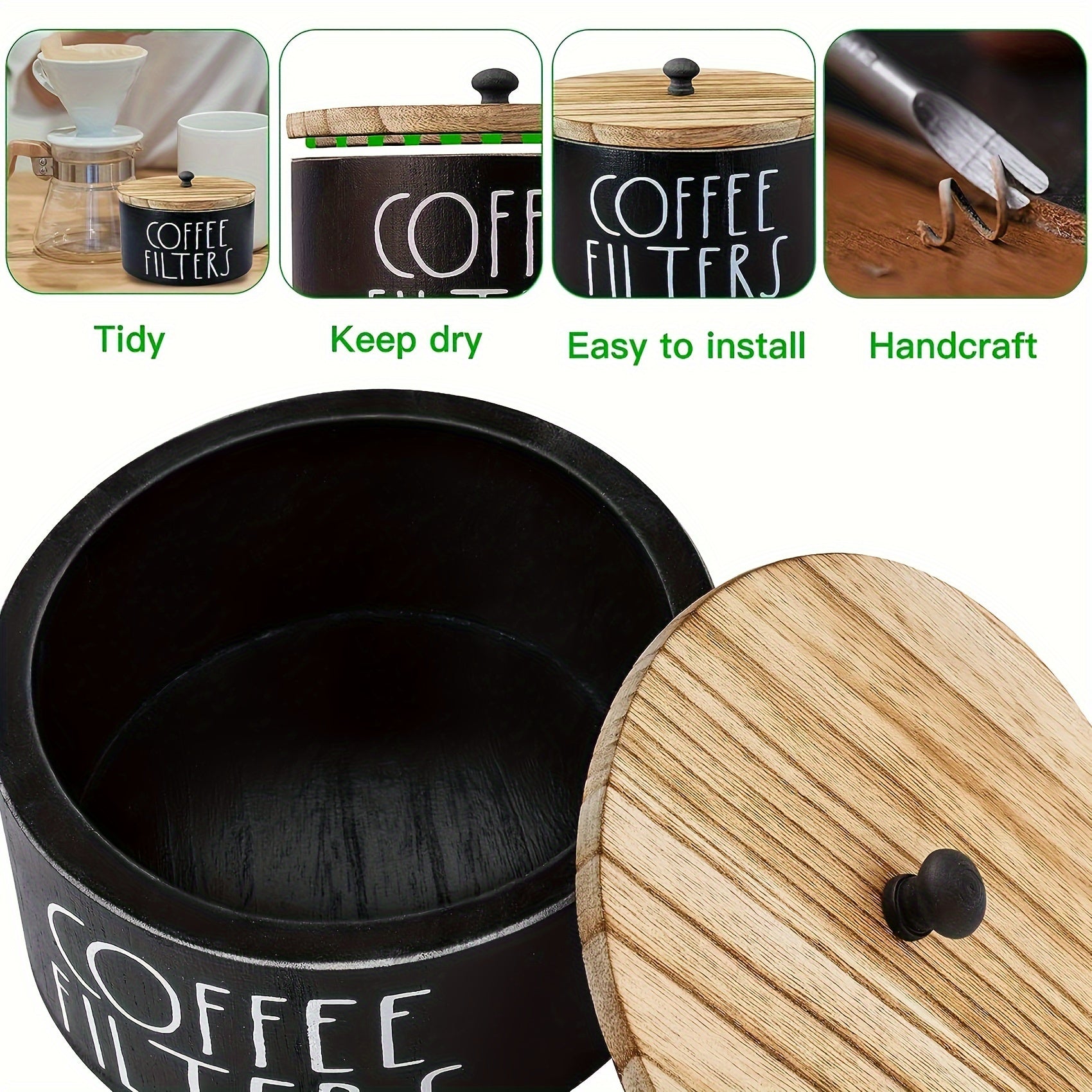 Coffee Filter Holder Wooden Storage Container Dispenser Lid