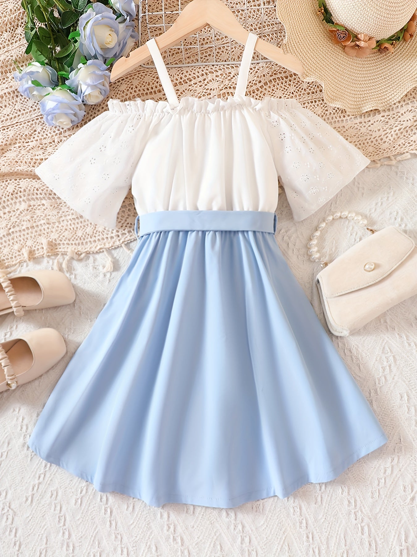 Girls' Cold Shoulder Swing Belted Dress Kids Summer Dresses