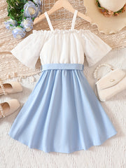 Girls' Cold Shoulder Swing Belted Dress Kids Summer Dresses