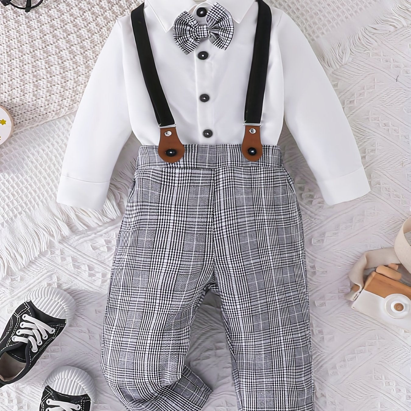 2pcs Baby Boys Gentleman Suit Plaid Overall Party Outfits