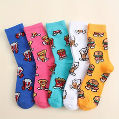 5 Pairs Cartoon Food Print Socks Women's Stockings