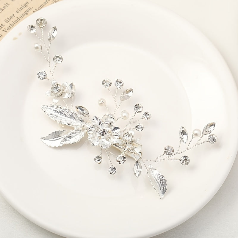 Silvery Floral Wedding Hair Clip Faux Pearl Bridal Hairpin Crystal Barrette
