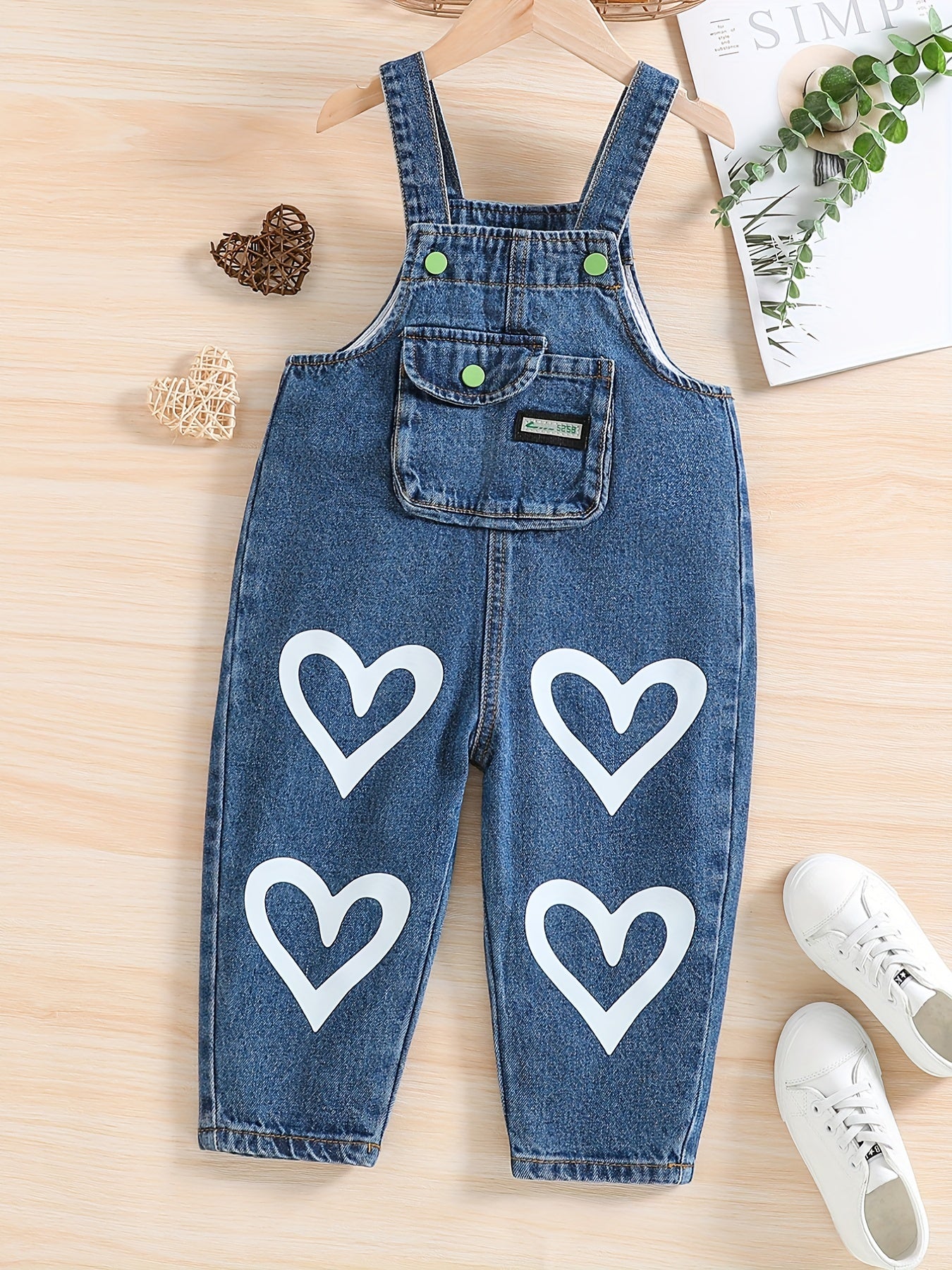 Girl's Heart Print Denim Overalls Jumpsuit Long Pants
