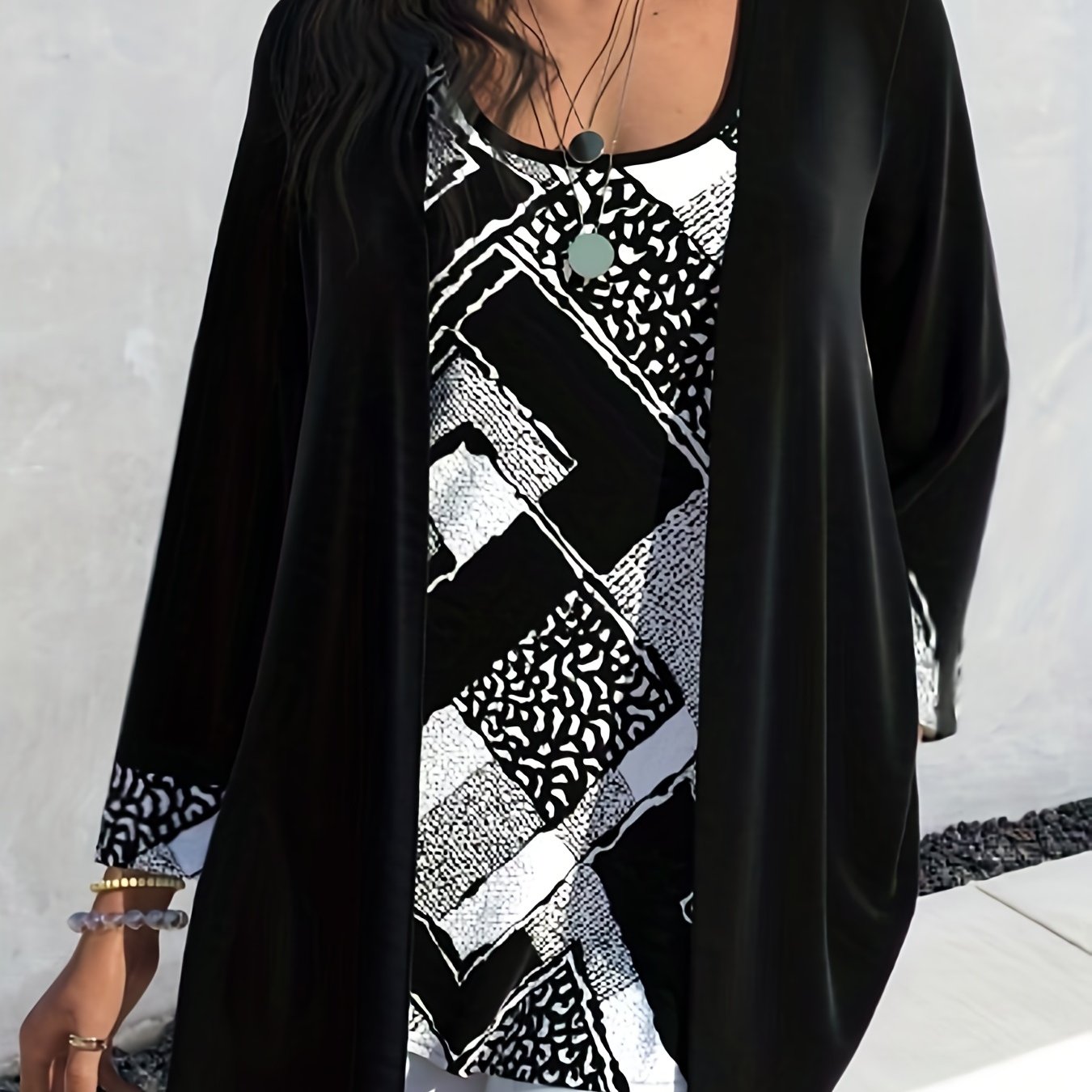 Colorblock Graphic Print Long Sleeve Cardigan & Top Set