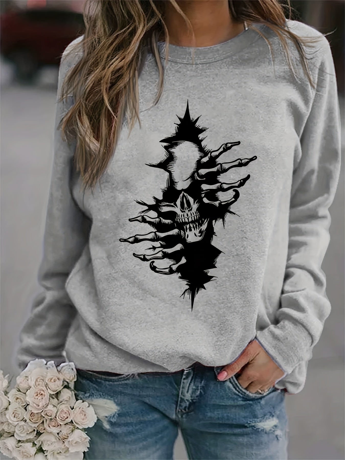 Halloween Skull Print Sweatshirt Long Sleeve Crew Neck Women's Clothing