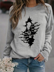 Halloween Skull Print Sweatshirt Long Sleeve Crew Neck Women's Clothing