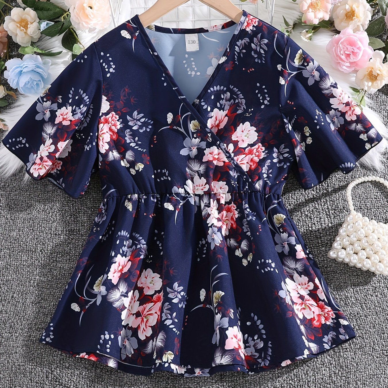 Girls Boho Floral Flounce Sleeve V Neck Tunic Blouse Tops Loose Fit