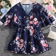 Girls Boho Floral Flounce Sleeve V Neck Tunic Blouse Tops Loose Fit