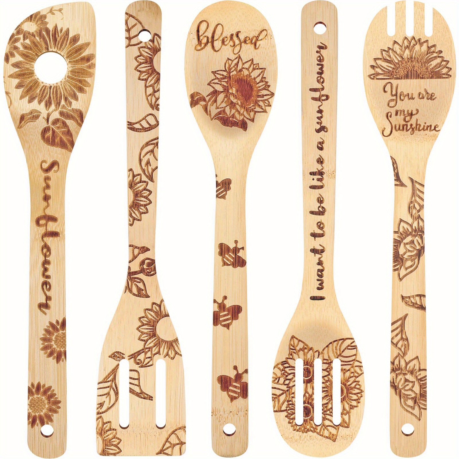 5pcs Sunflower Bamboo Utensils Set, Halloween Decorative Wooden Cooking Tools