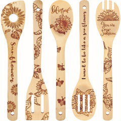 5pcs Sunflower Bamboo Utensils Set, Halloween Decorative Wooden Cooking Tools