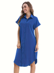 Button Front Shirt Dress Solid Short Sleeve Dress