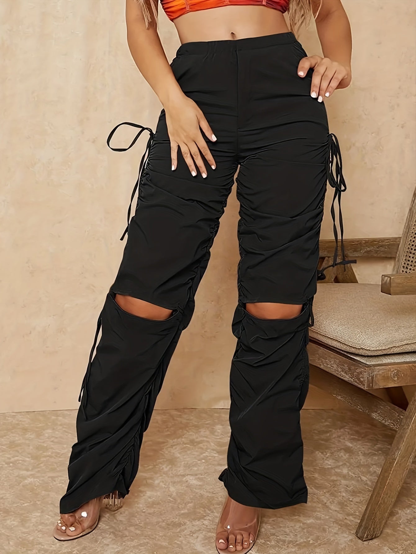 Sporty Lace Up Pants Loose Fit