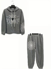 Women's Plus Spider & Spider Web Print Hooded Sweatshirt & Joggers Set