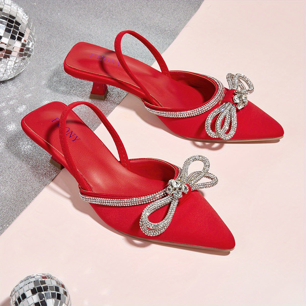 Rhinestone Bow Kitten Heel Slingback Sandals Dress Low Heels