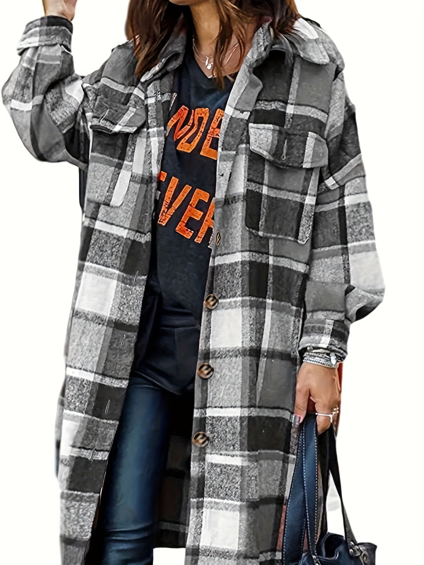 Plaid Print Shacket Jacket Button Front Long Sleeve Women's Outerwear