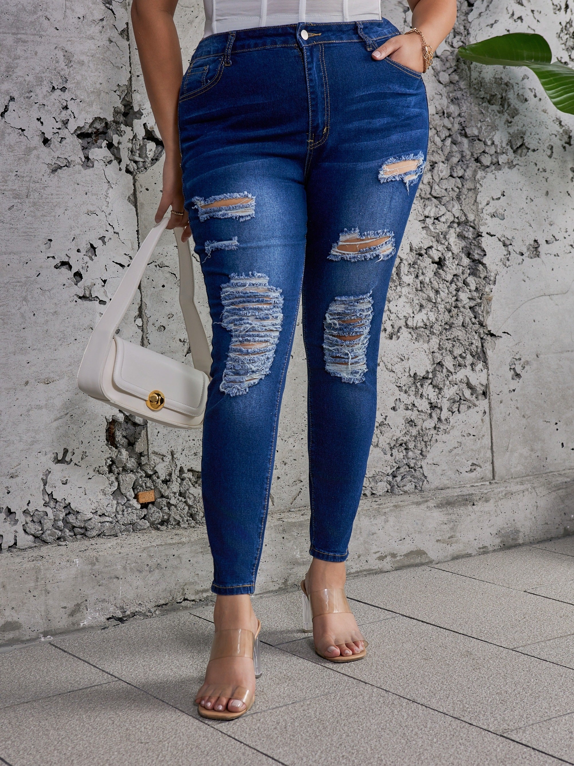 Casual Jeans Women's Plus Ripped High Stretch Skinny Jeans