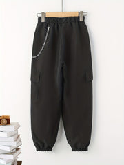Boys Casual Cargo Pants With Chain Elastic Waist Jogger Pants