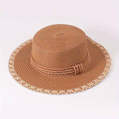 Flat Top Stitching Sun Hat Khaki Wide Brim Sunscreen Straw Hat