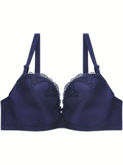 Bra Women's Plus Satin Contrast Lace Hook & Eye High Stretch Solid Bra