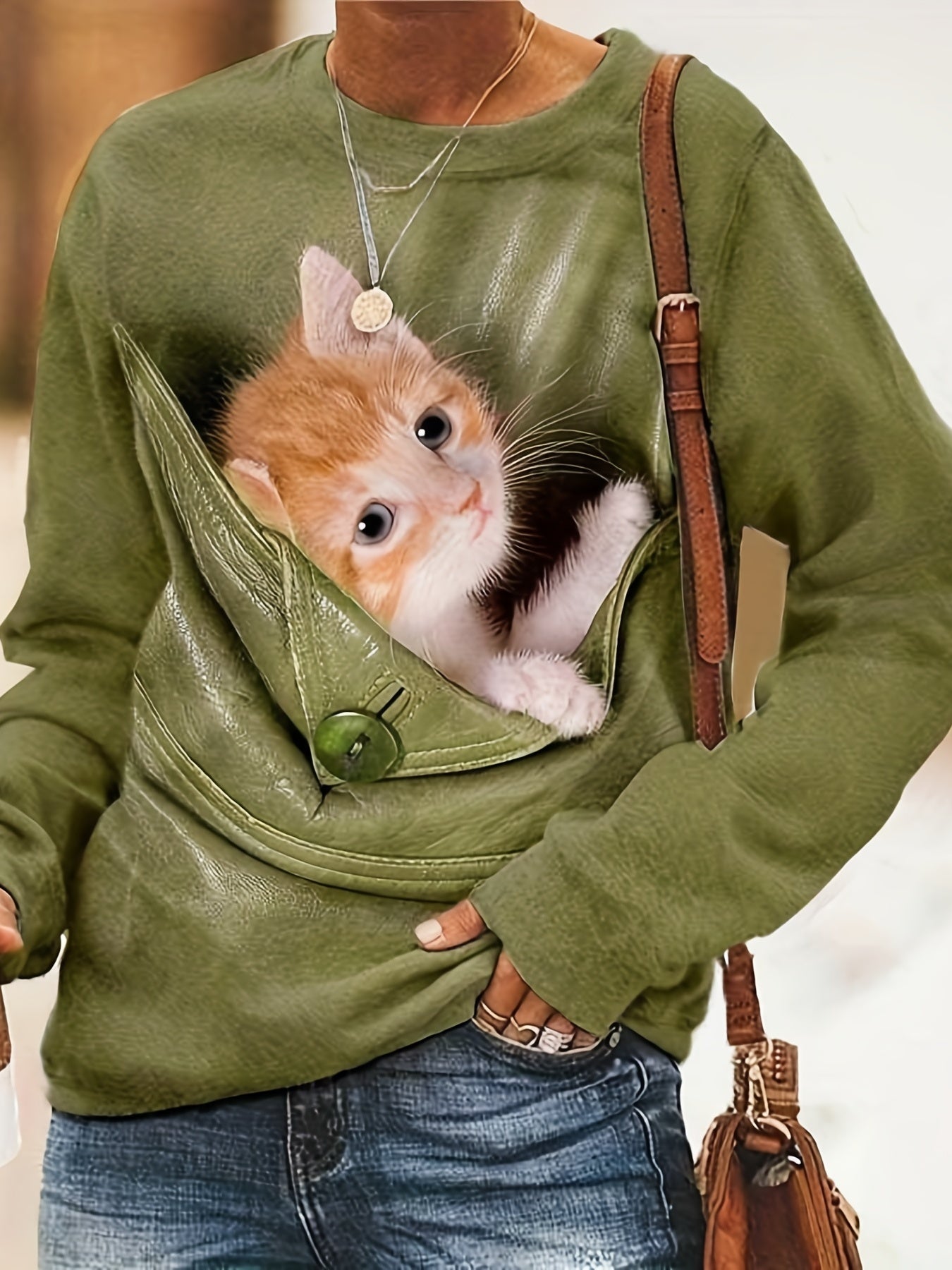 Cat Print Pullover Sweatshirt Casual Long Sleeve Crew Neck Sweatshirt