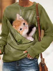 Cat Print Pullover Sweatshirt Casual Long Sleeve Crew Neck Sweatshirt