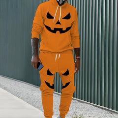 Halloween Pumpkin Print Men's Hoodie & Sweatpants Set