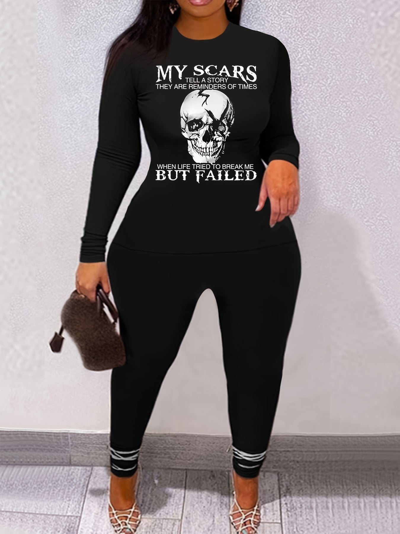 Skull & Letter Print 2pc Set Long Sleeve T-shirt & Leggings Outfit
