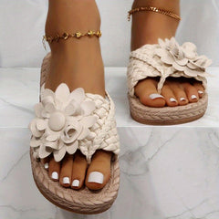 Women's Flower Flat Flip Flops Boho Style Braided Band Non Slip Slides