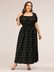 Polka Dot Square Neck Puff Sleeve Maxi Dress - Plus Size