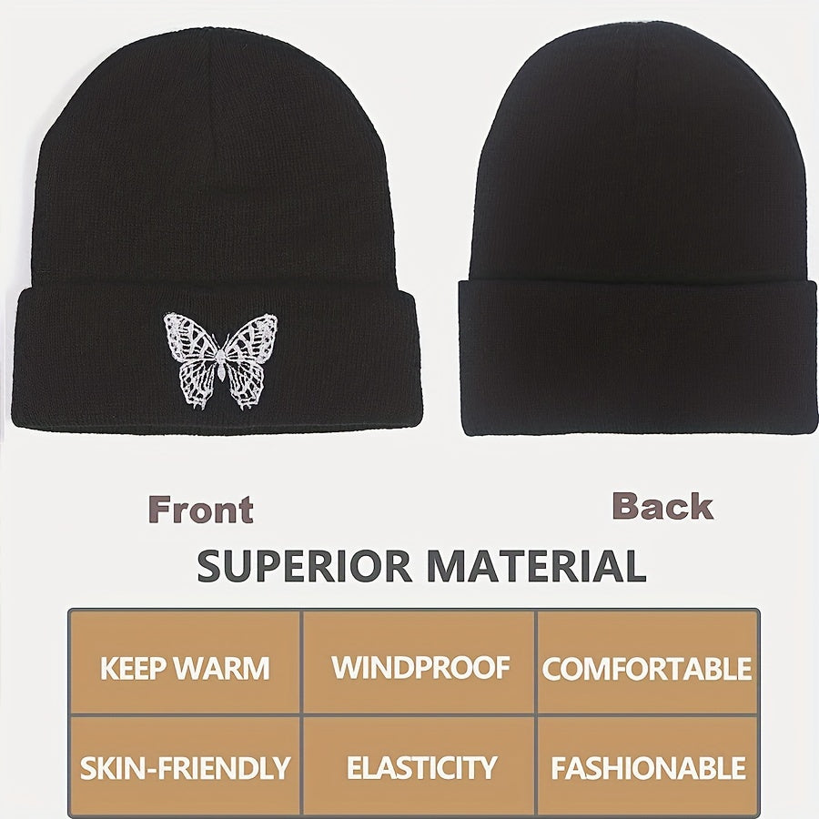 Y2K Butterfly Embroidered Beanie Hat Hip Hop Knit Couple Skull Cap