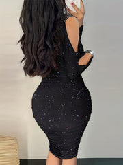 Cold Shoulder Ruched Body Con Dress Solid Sexy Dress For Spring & Fall