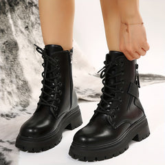 Women's Platform Combat Boots Round Toe Chunky Low Heeled Boots